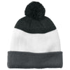 Port Authority Storm Grey/ Marshmallow/ Charcoal Heather Cozy Striped Pom Beanie