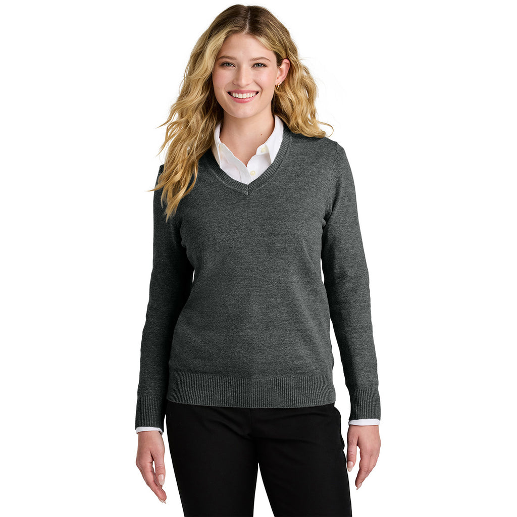 Port Authority Women's Charcoal Heather Easy Care V-Neck Sweater