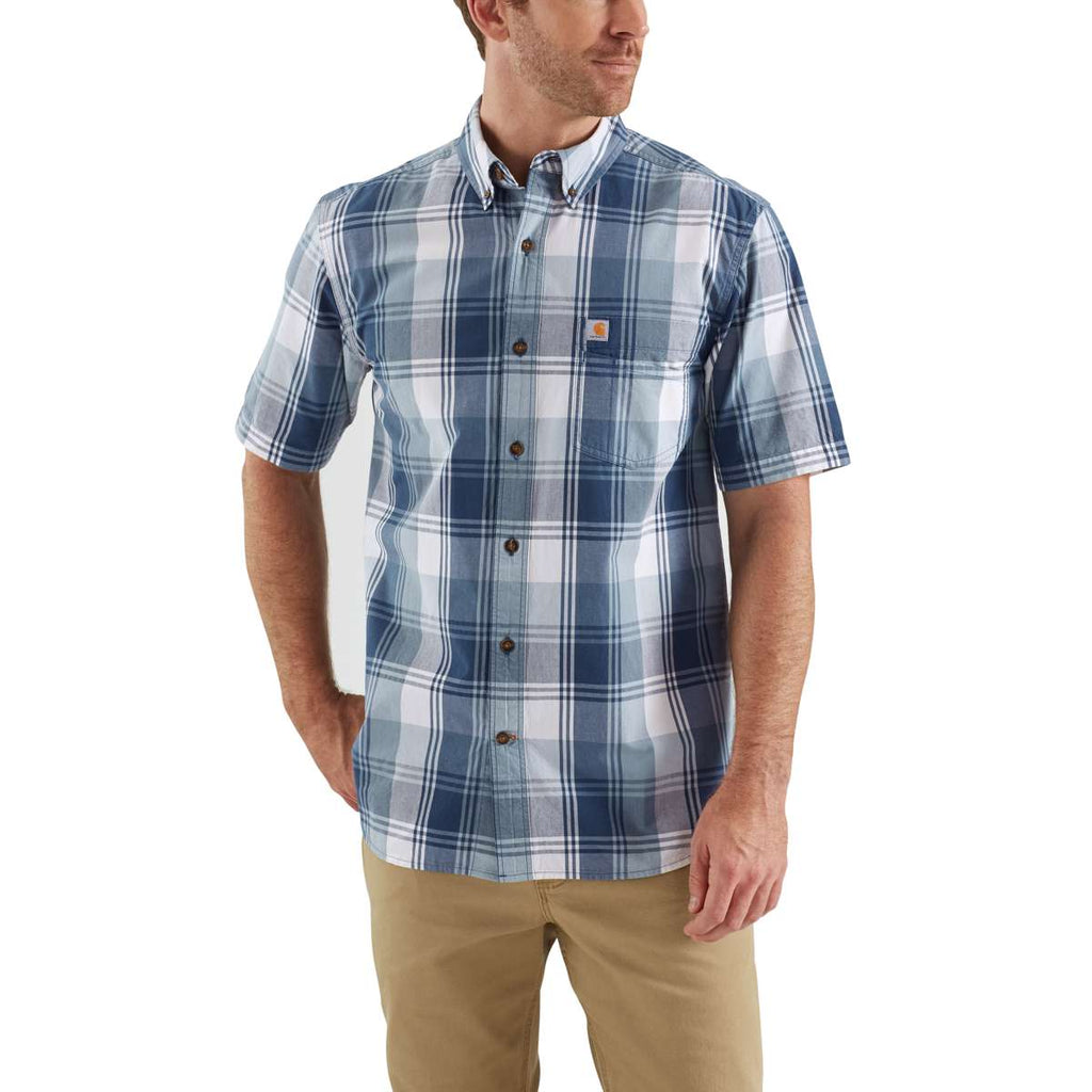 Carhartt Men's Dark Blue Essential Plaid Button Down Short Sleeve Shirt