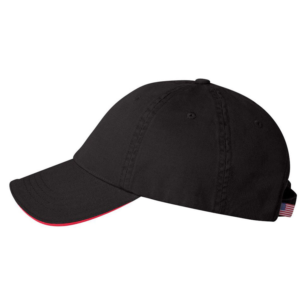 Bayside Black/Red USA-Made Unstructured Twill Cap with Sandwich Visor