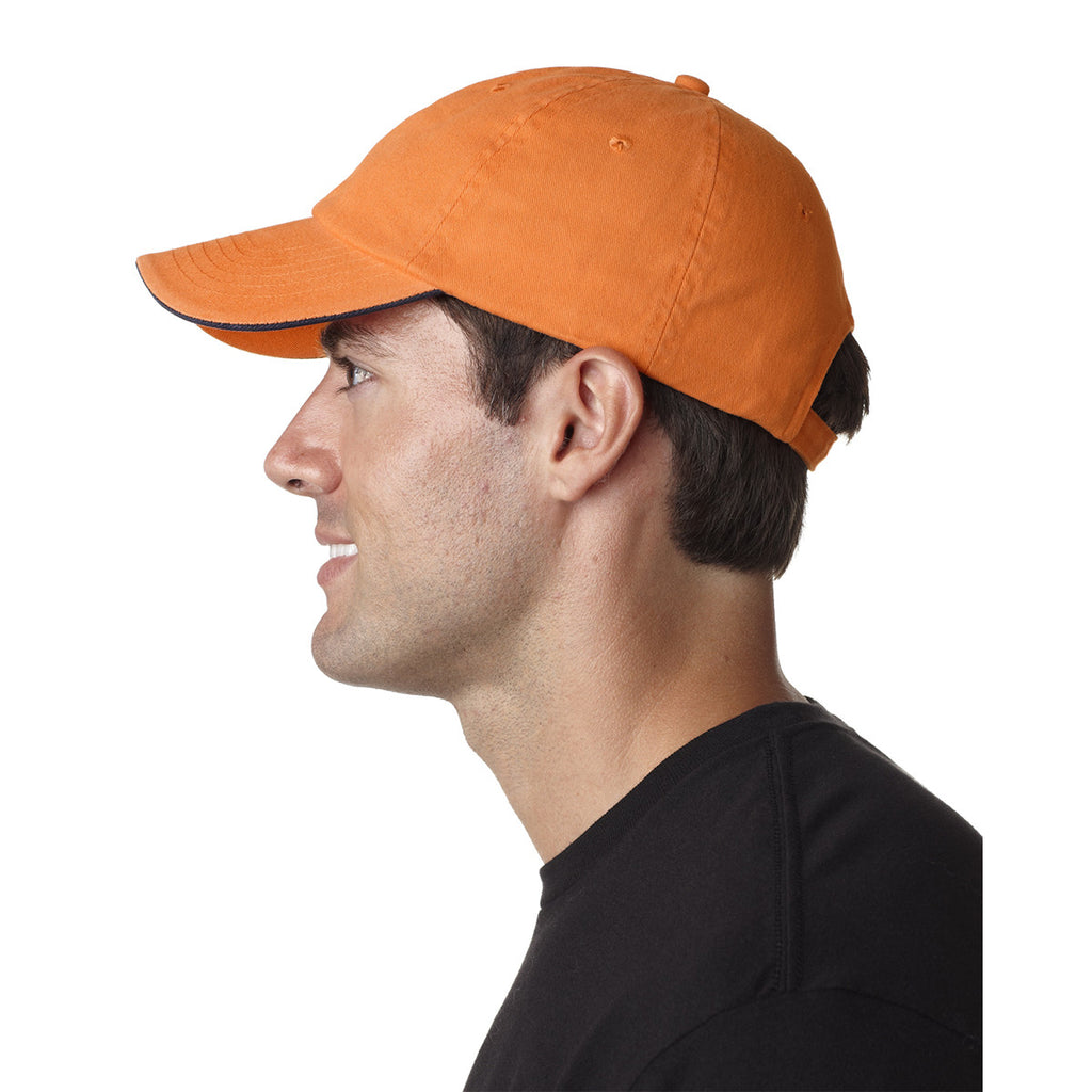 UltraClub Men's Tangerine/Navy Classic Cut Brushed Cotton Twill Unstructured Sandwich Cap