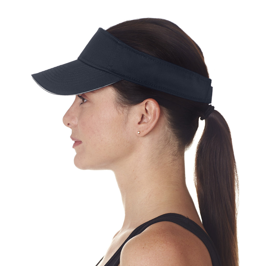 UltraClub Women's Navy/White Classic Cut Brushed Cotton Twill Sandwich Visor