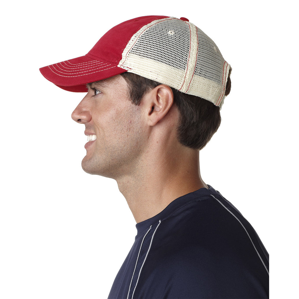 UltraClub Men's Red/Stone Classic Cut Brushed Cotton Twill Unstructured Trucker Cap