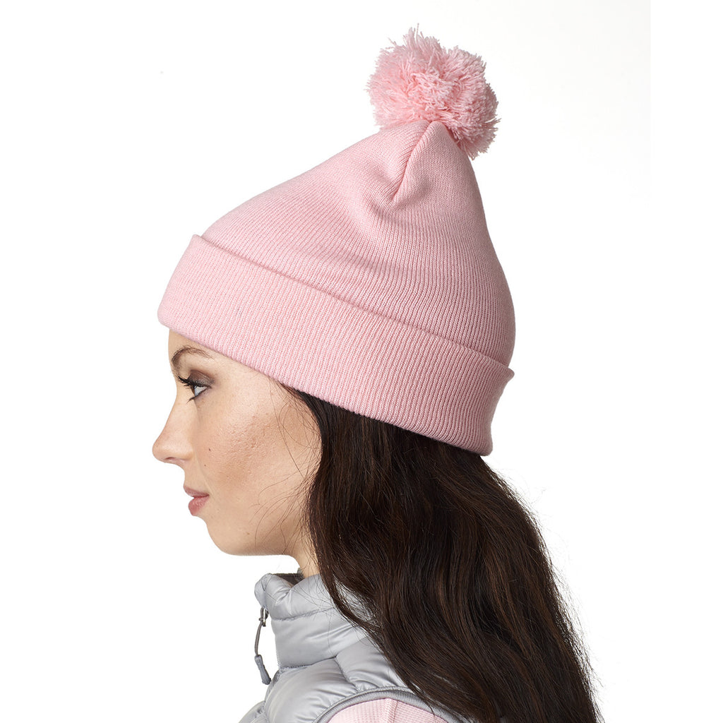 UltraClub Women's Pink Knit Pom-Pom Beanie with Cuff