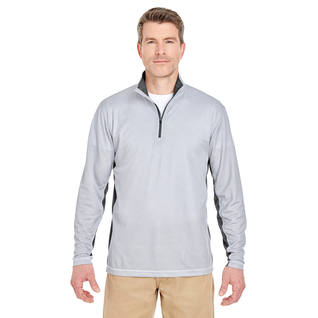 UltraClub Men's White/Charcoal Two-Tone Keyhole Mesh Quarter-Zip Pullover