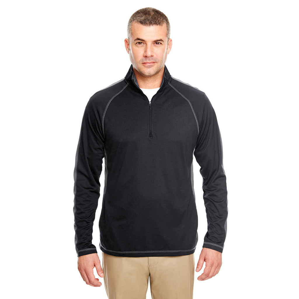 UltraClub Men's Black/Charcoal Cool & Dry Sport Quarter-Zip Pullover with Side & Sleeve Panels