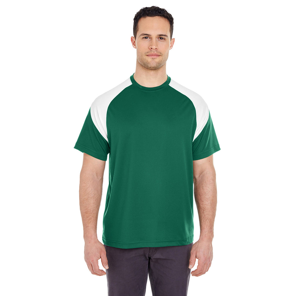 UltraClub Men's Forest Green/White Cool & Dry Sport Colorblock T-Shirt