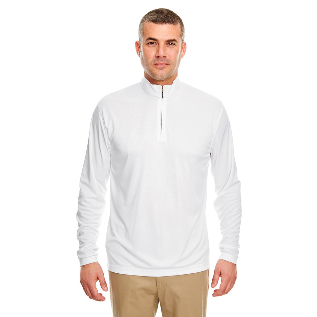 UltraClub Men's White Cool & Dry Sport Performance Interlock Quarter-Zip Pullover