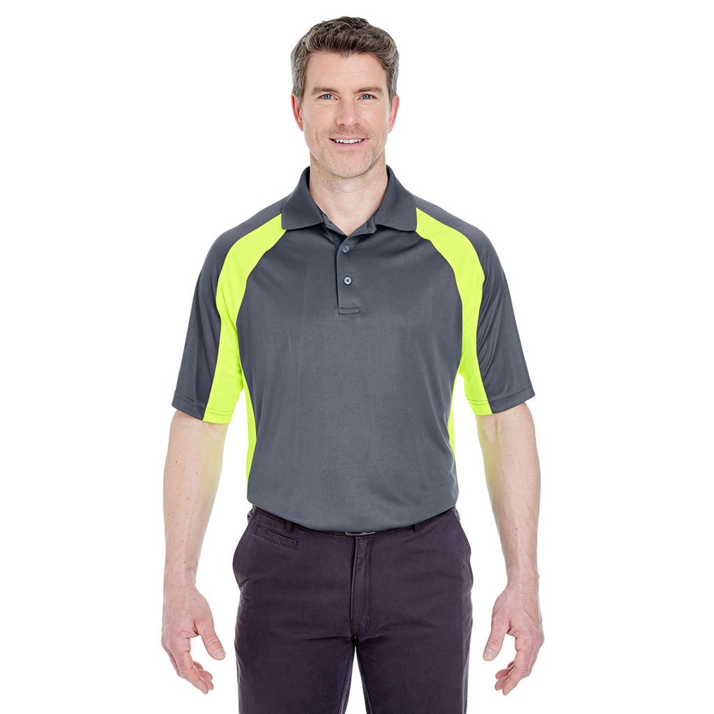 UltraClub Men's Charcoal/Bright Yellow Cool & Dry Sport Performance Colorblock Interlock Polo