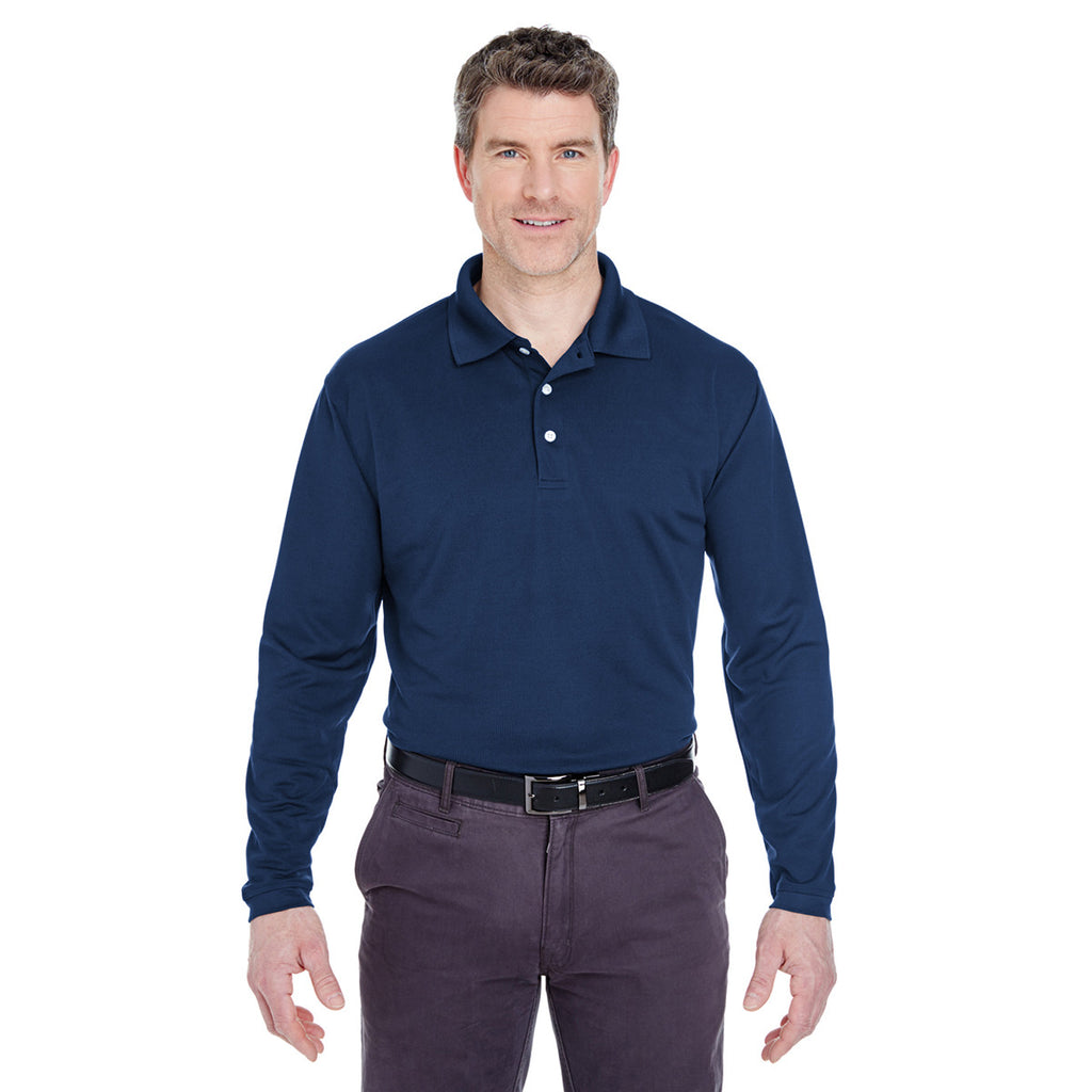 UltraClub Men's Navy Cool & Dry Long-Sleeve Stain-Release Performance Polo