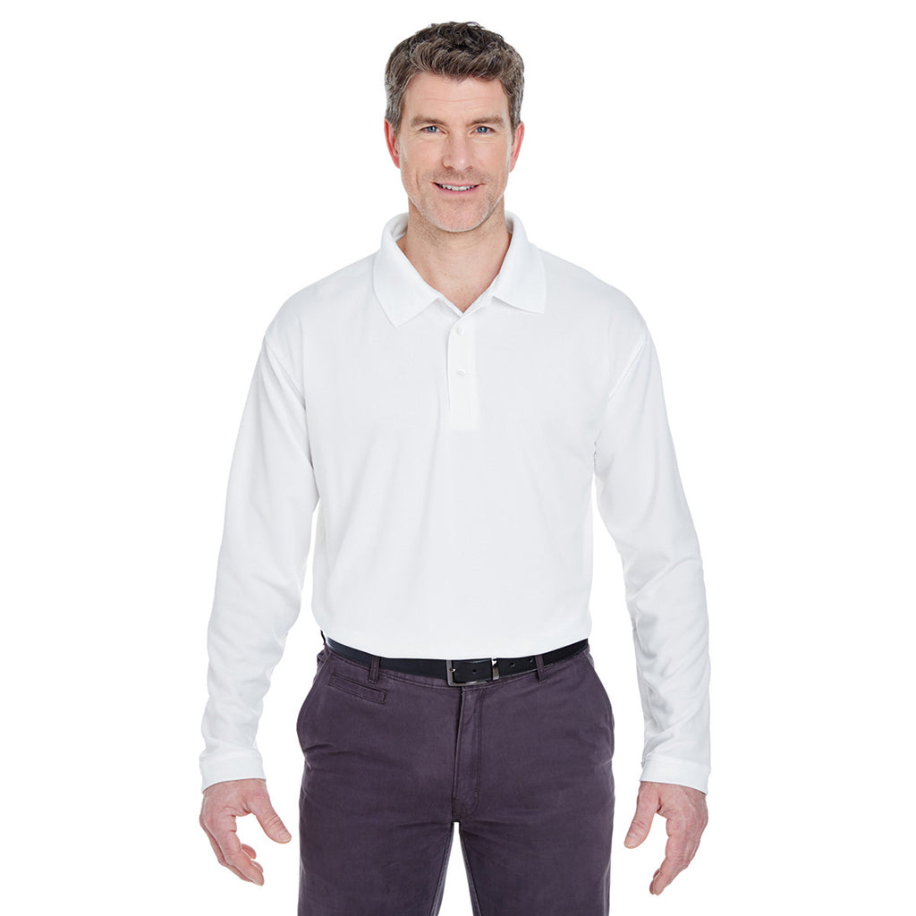 UltraClub Men's White Cool & Dry Long-Sleeve Stain-Release Performance Polo