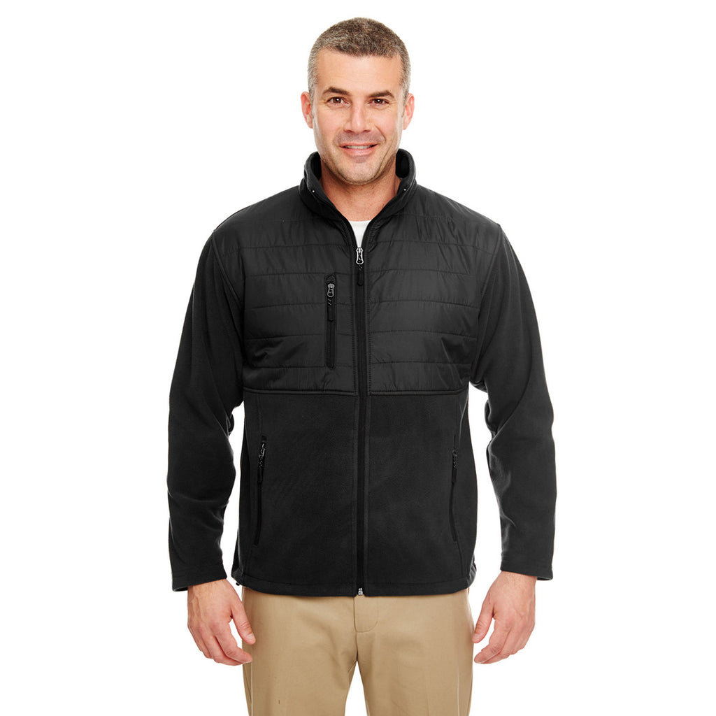 UltraClub Men's Black Fleece Jacket with Quilted Yoke Overlay