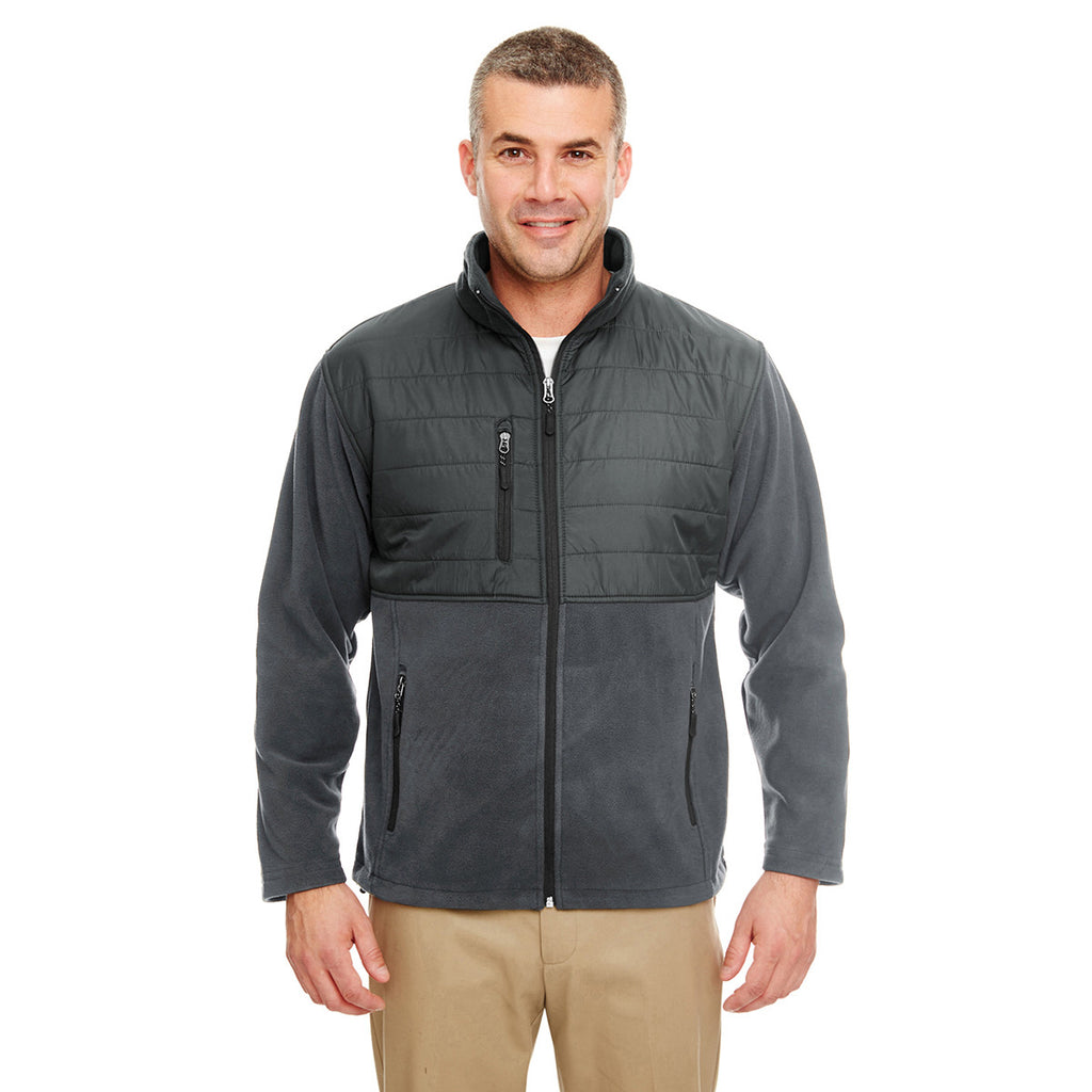 UltraClub Men's Charcoal Fleece Jacket with Quilted Yoke Overlay