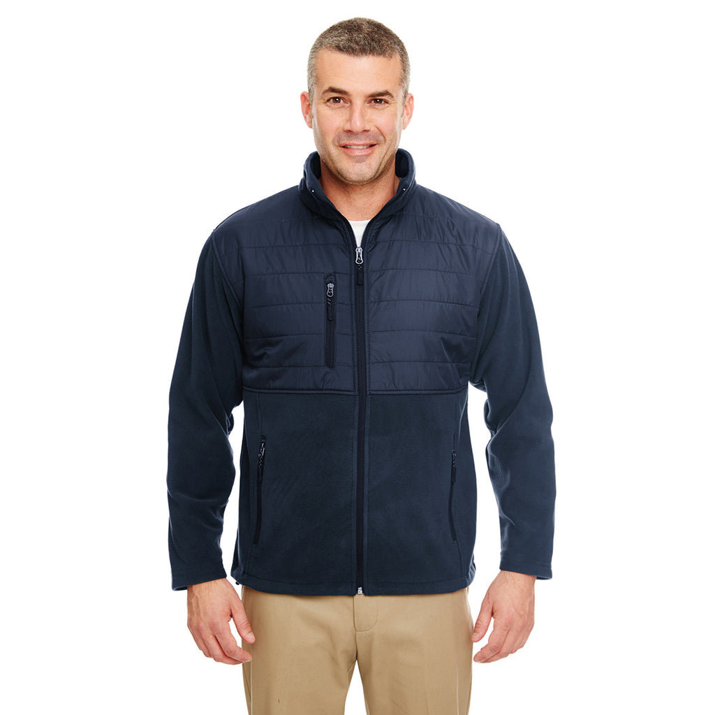 UltraClub Men's Navy Fleece Jacket with Quilted Yoke Overlay