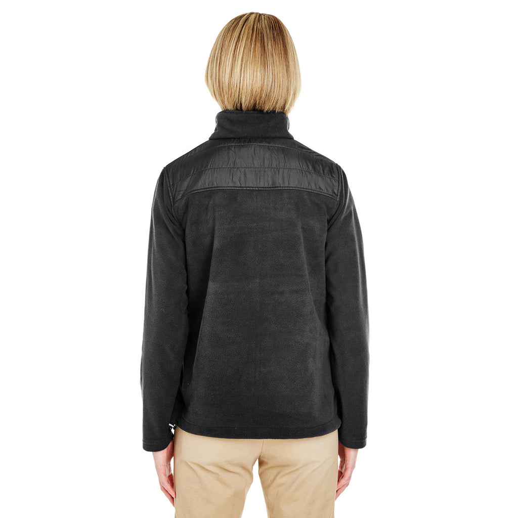 UltraClub Women's Black Fleece Jacket with Quilted Yoke Overlay