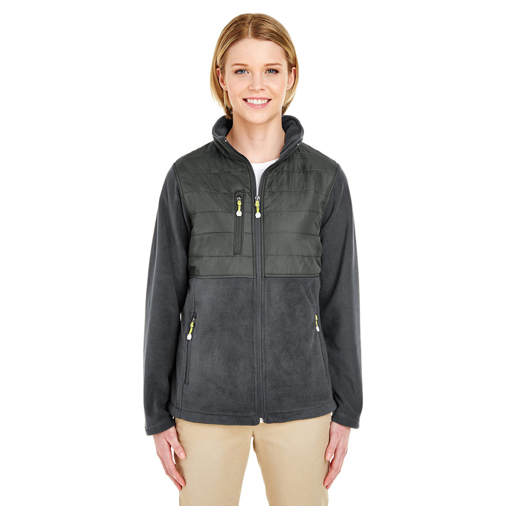 UltraClub Women's Charcoal Fleece Jacket with Quilted Yoke Overlay