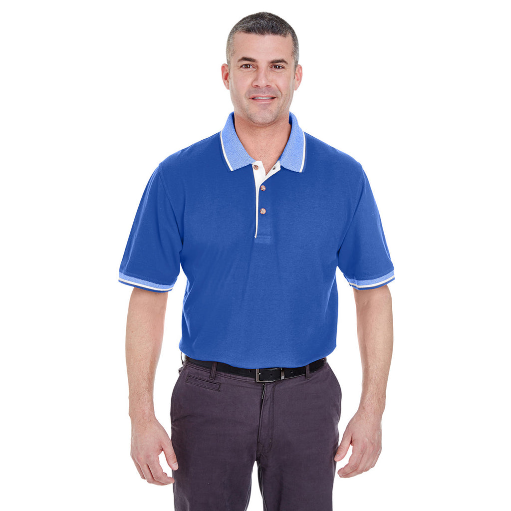 UltraClub Men's Royal/White Color-Body Classic Pique Polo with Contrast Multi-Stripe Trim