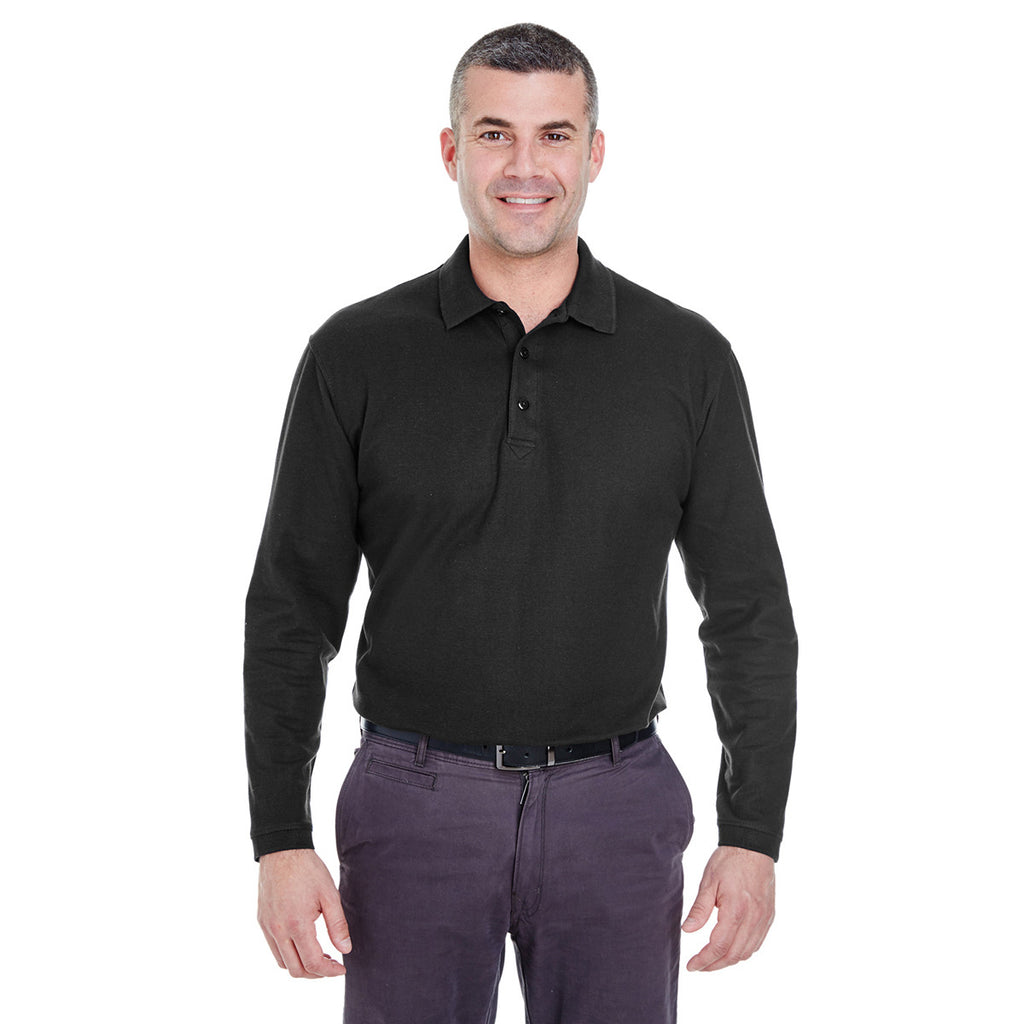 UltraClub Men's Black Long-Sleeve Whisper Pique Polo