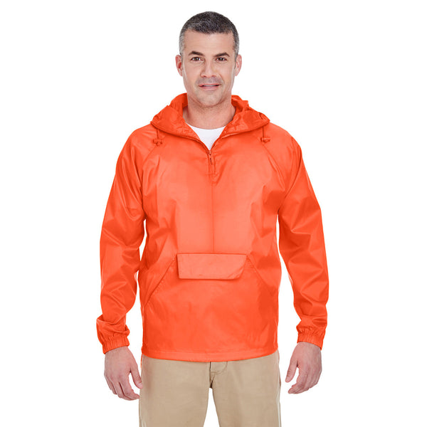 UltraClub Men's Bright Orange Quarter-Zip Hooded Pullover Pack-Away Ja