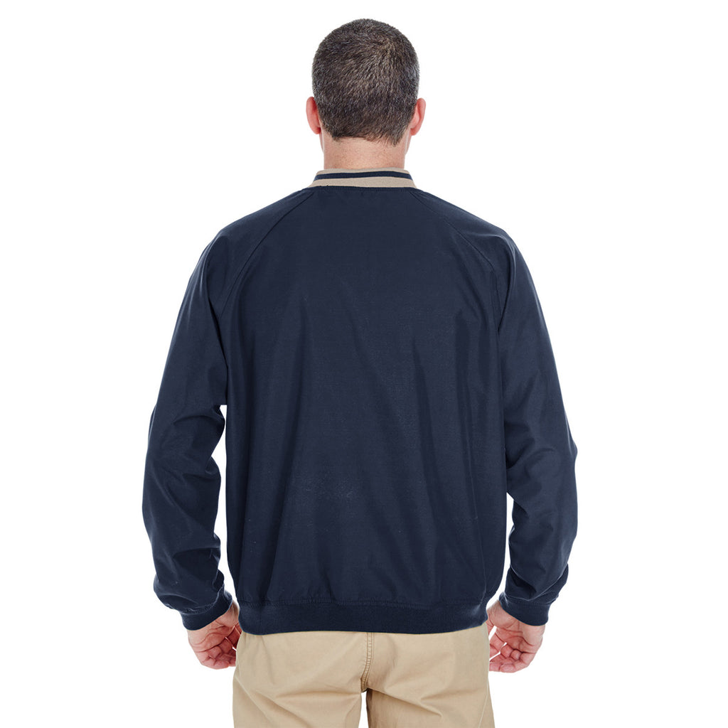 UltraClub Men's Navy/Tan Long-Sleeve Microfiber Crossover V-Neck Windshirt