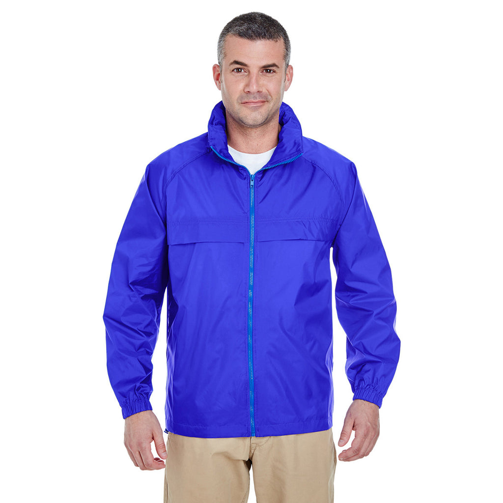 UltraClub Men's Royal Full-Zip Hooded Pack-Away Jacket