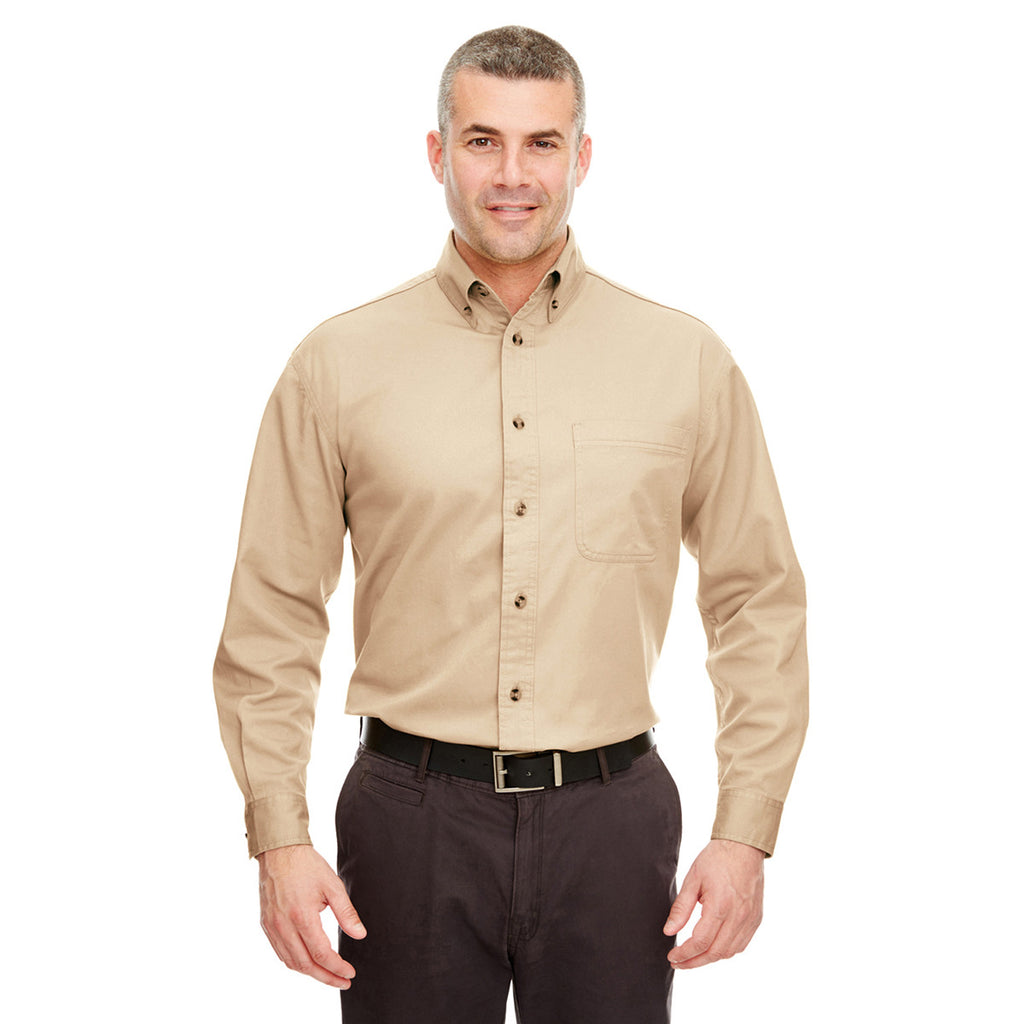 UltraClub Men's Khaki Cypress Long-Sleeve Twill with Pocket