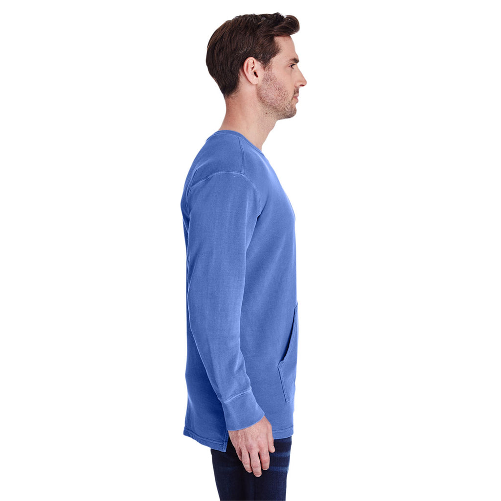 Comfort Colors Men's Flo Blue French Terry Crew With Pocket