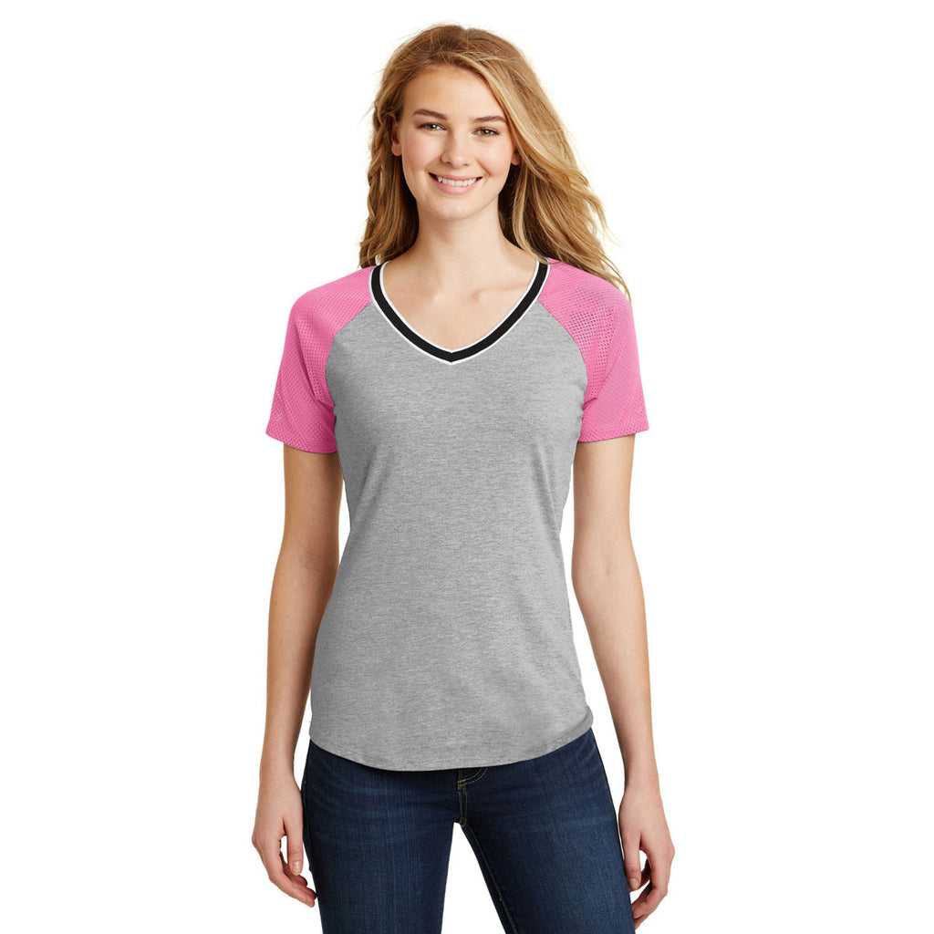 District Women's True Pink/Light Heather Grey Mesh Sleeve V-Neck Tee