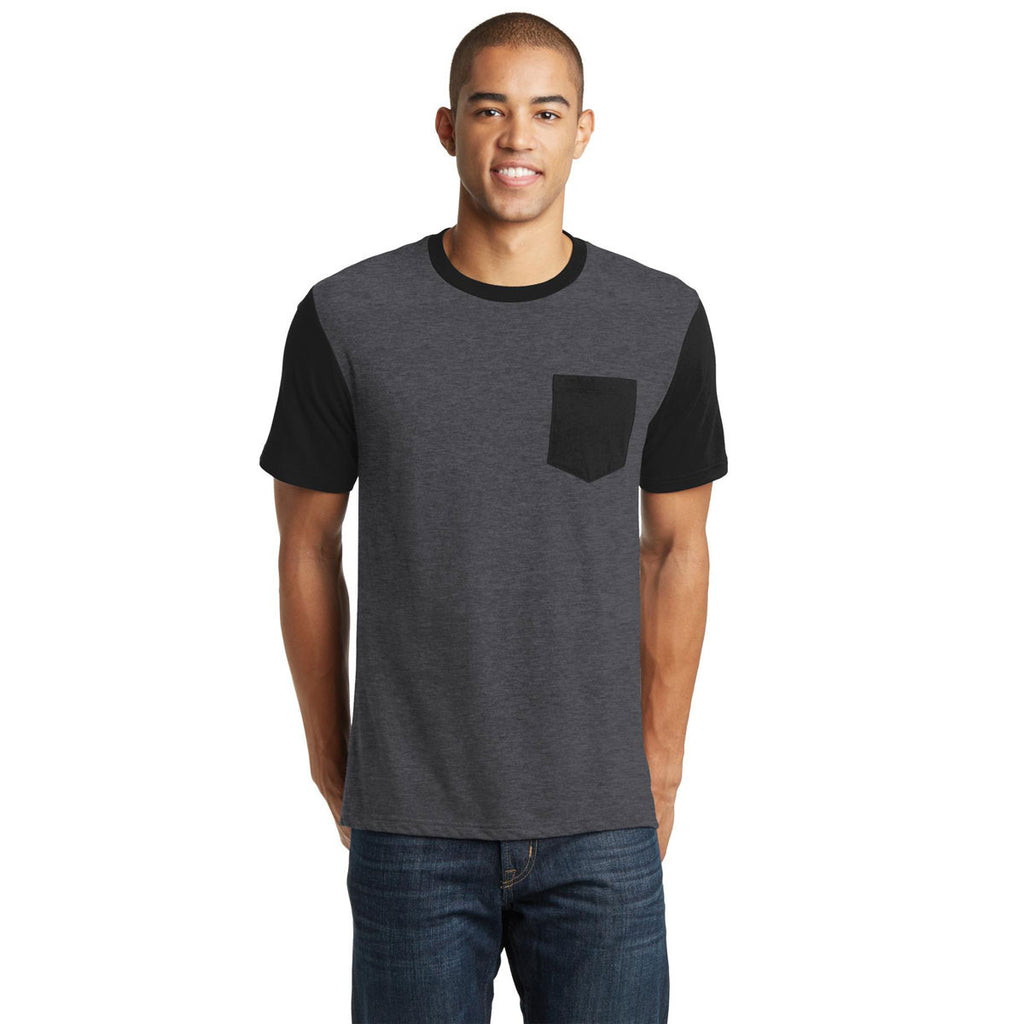 District Men's Heathered Charcoal/Black Very Important Tee with Contrast Sleeves and Pocket