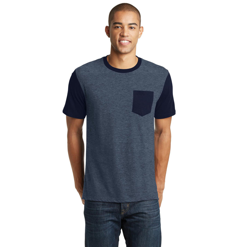 District Men's Heathered Navy/New Navy Very Important Tee with Contrast Sleeves and Pocket