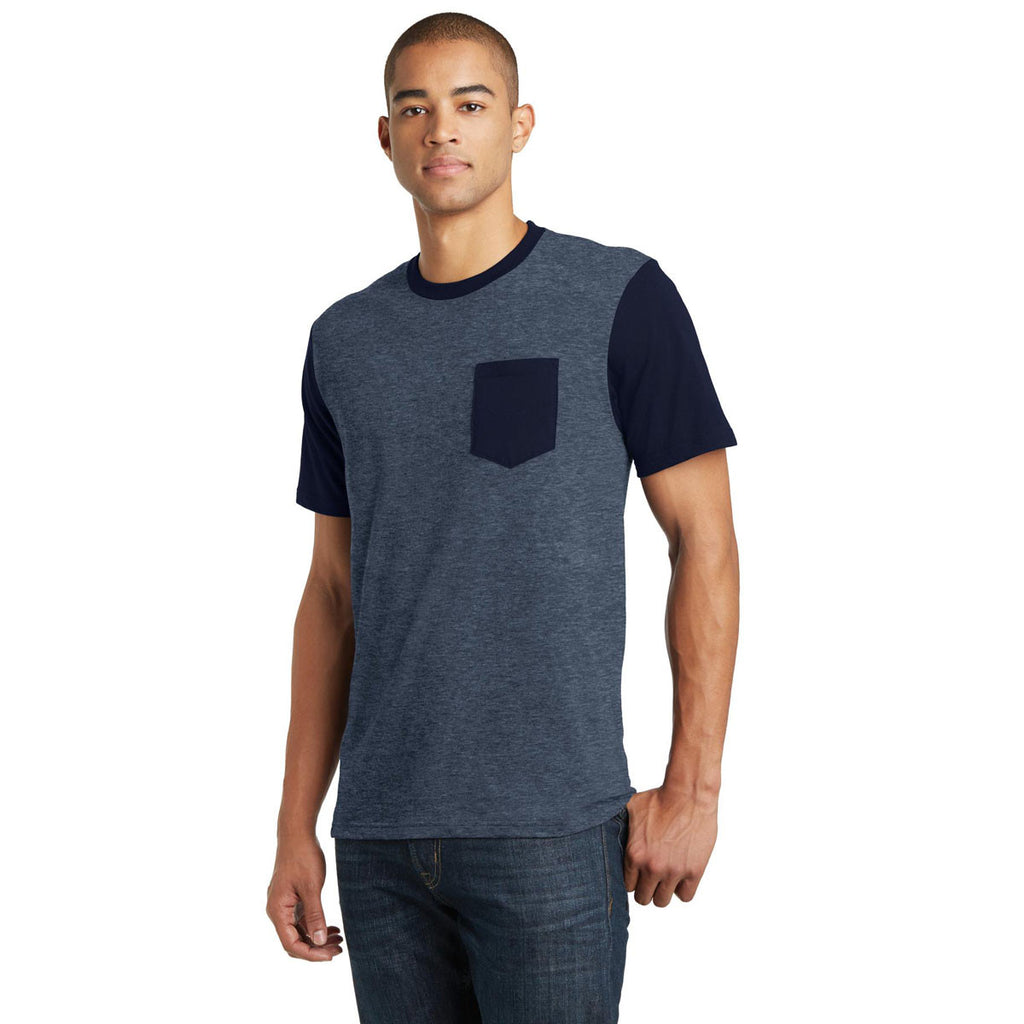 District Men's Heathered Navy/New Navy Very Important Tee with Contrast Sleeves and Pocket