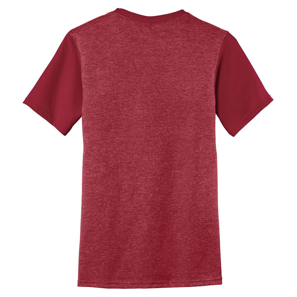 District Men's Heathered Red/Classic Red Very Important Tee with Contrast Sleeves and Pocket