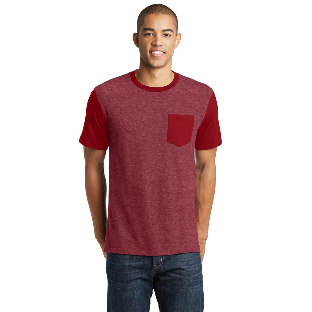 District Men's Heathered Red/Classic Red Very Important Tee with Contrast Sleeves and Pocket