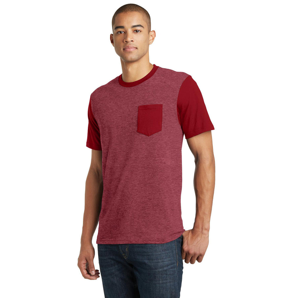 District Men's Heathered Red/Classic Red Very Important Tee with Contrast Sleeves and Pocket