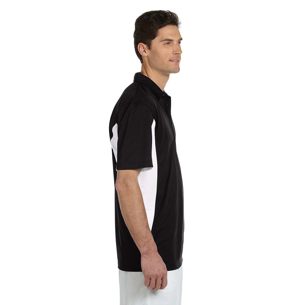 Harriton Men's Black/White Side Blocked Micro-Pique Polo