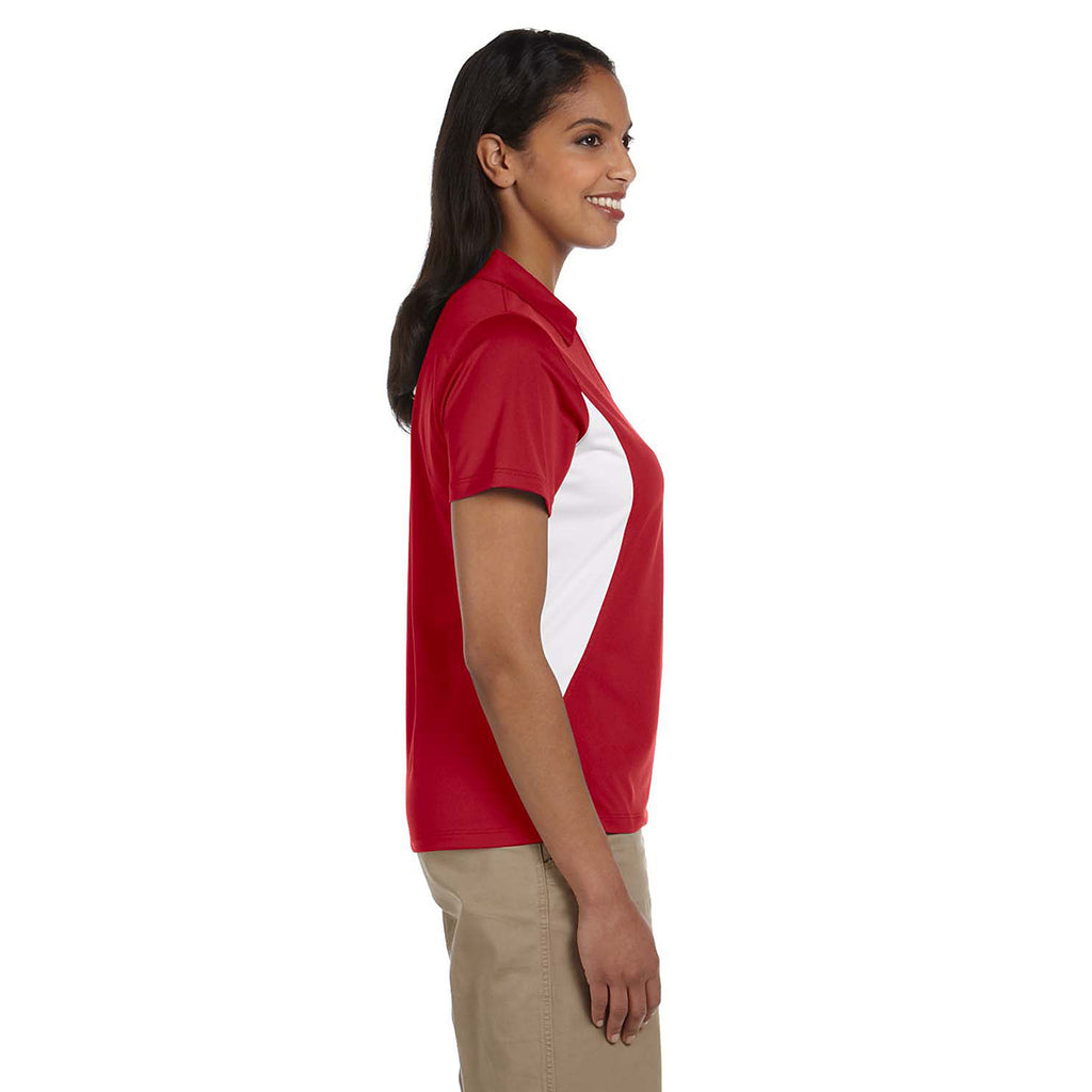 Harriton Women's Red/White Side Blocked Micro-Pique Polo