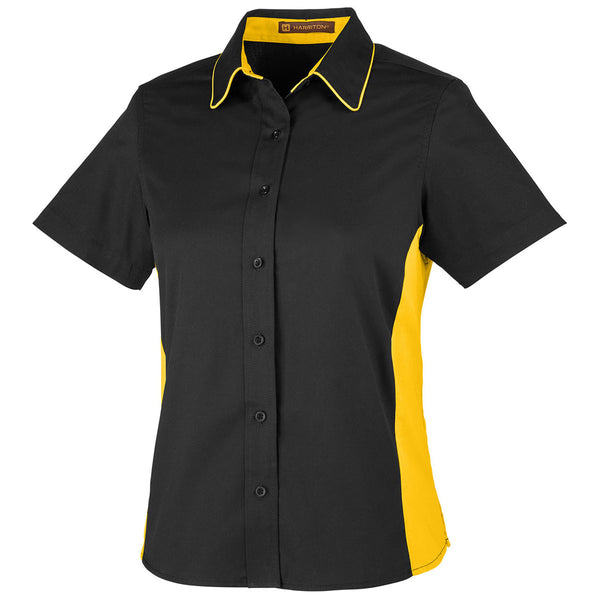 Harriton Women's Black/ Sunray Yellow Flash Colorblock Short Sleeve Sh