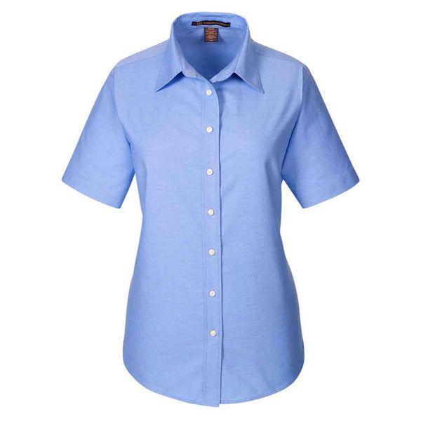 Harriton Women's Light Blue Short-Sleeve Oxford with Stain-Release