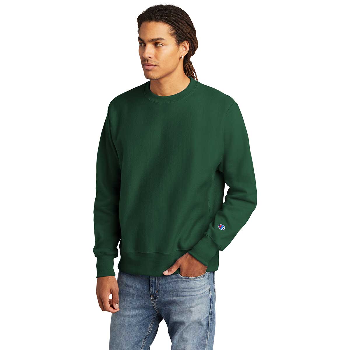 Champion Men\'s Dark Weave Green Crewneck Reverse Sweatshirt