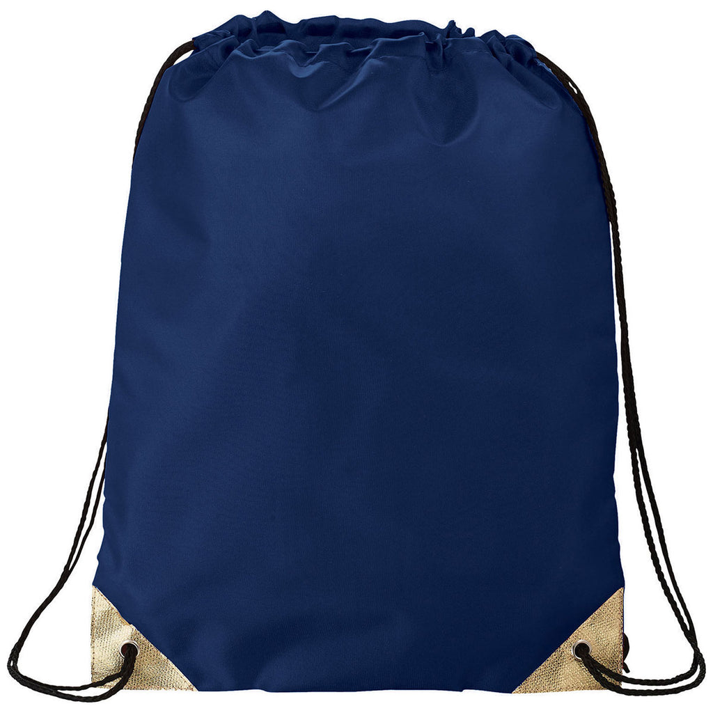 Bullet Navy Blue with Gold Trim Metallic Accent Drawstring Bag