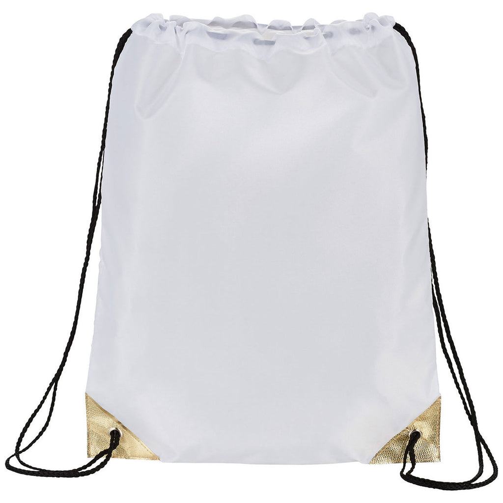 Bullet White with Gold Trim Metallic Accent Drawstring Bag