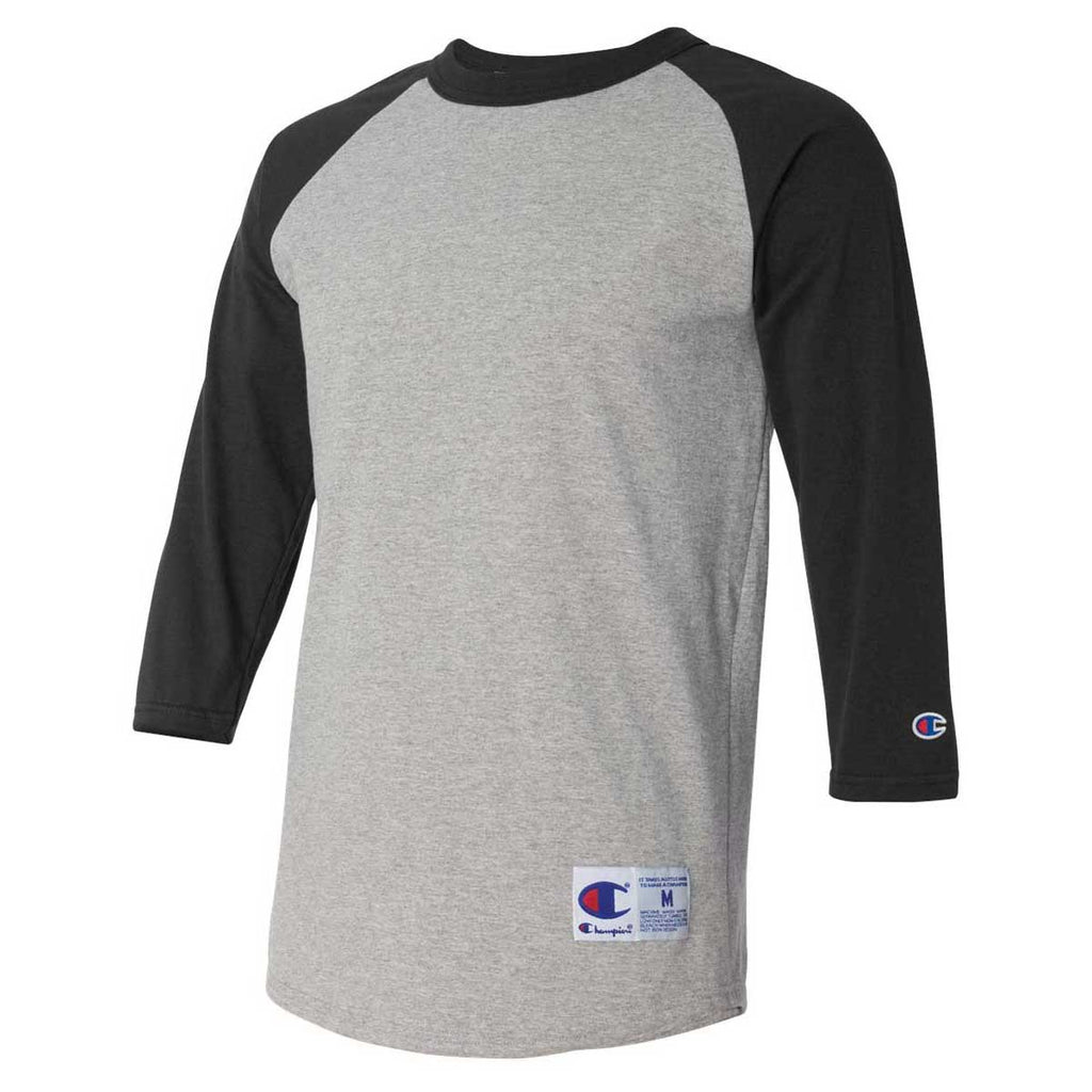 Champion Men's Oxford Grey/Black Three-Quarter Raglan Sleeve Baseball T-Shirt