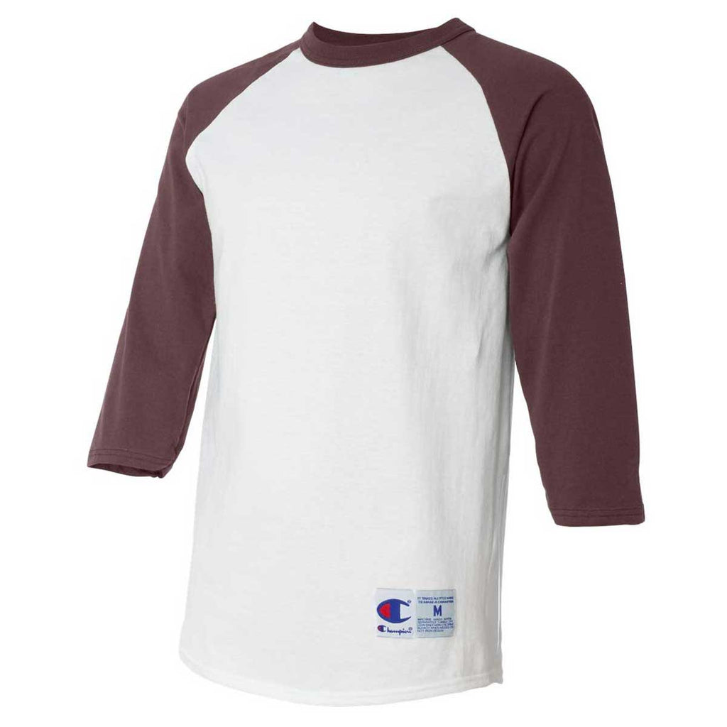 Champion Men's White/Maroon Three-Quarter Raglan Sleeve Baseball T-Shirt