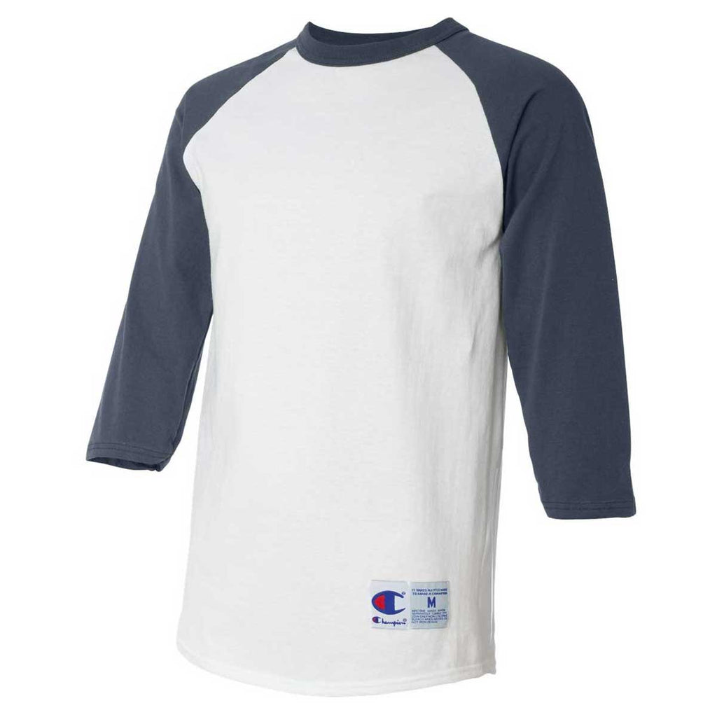 Champion Men's White/Navy Three-Quarter Raglan Sleeve Baseball T-Shirt